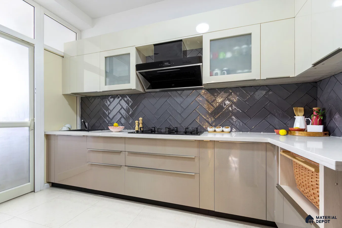 Modern kitchen with glossy beige and frosty white laminate, black herringbone subway tile backsplash, and white quartz countertop in Bengaluru | Material Depot