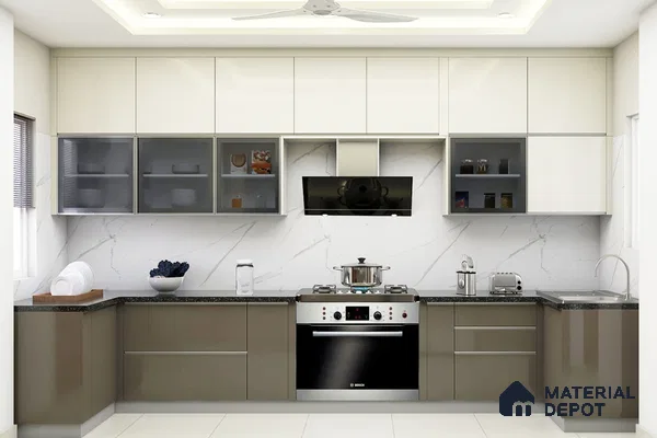 Modern kitchen with glossy beige and taupe laminate, black granite countertop, and white marble-look backsplash in Bengaluru | Material Depot