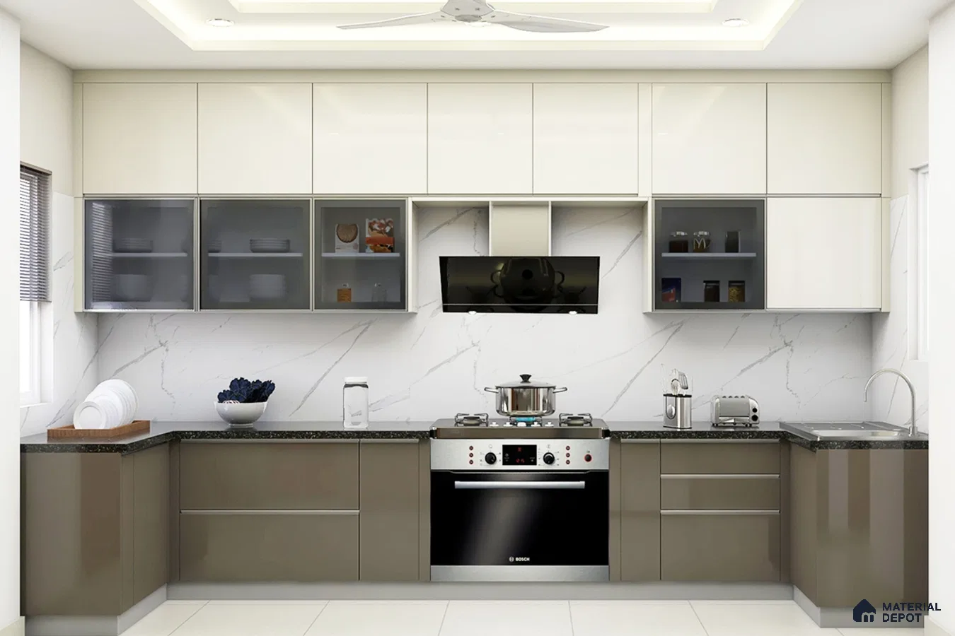 Modern kitchen with glossy beige and taupe laminate, black granite countertop, and white marble-look backsplash in Bengaluru | Material Depot