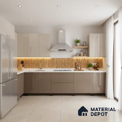 Modern kitchen with glossy beige and taupe laminate, white marble countertop, and wood-look fluted backsplash in Bengaluru