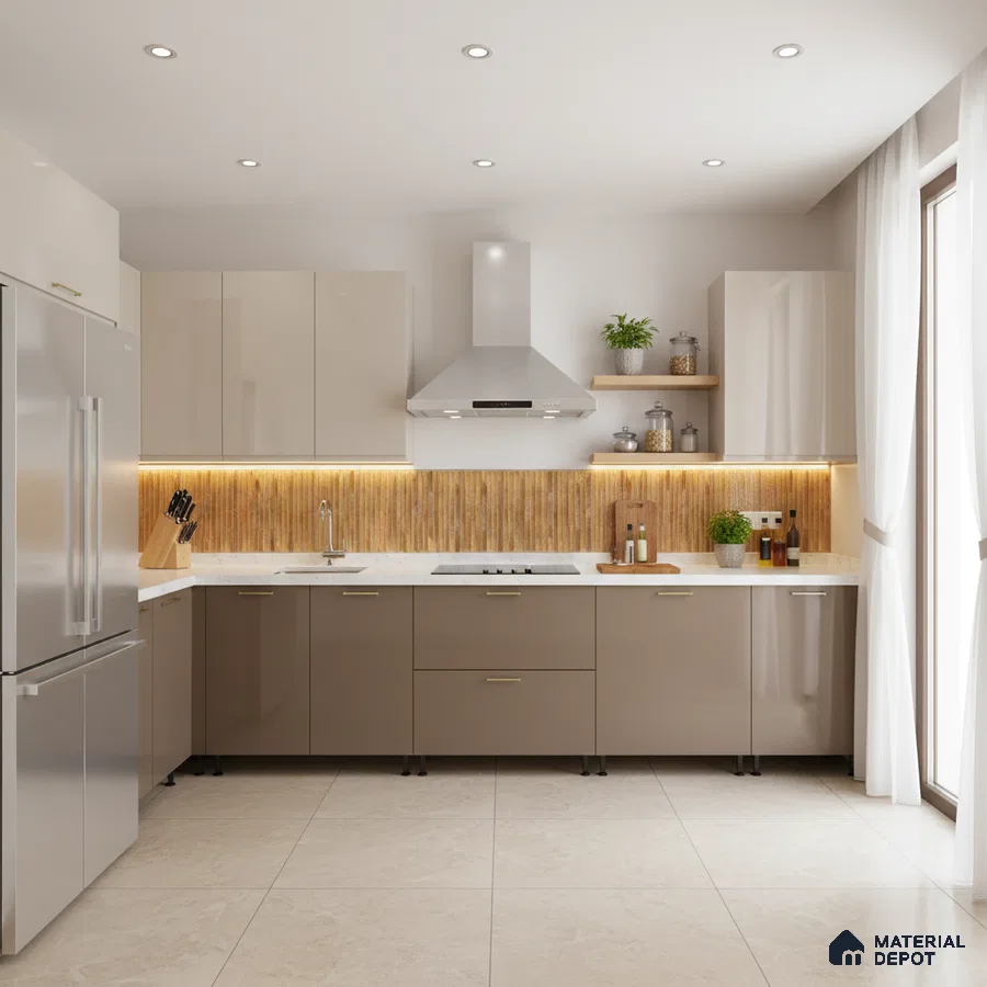 Modern kitchen with glossy beige and taupe laminate, white marble countertop, and wood-look fluted backsplash in Bengaluru