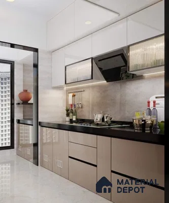 Modern kitchen with glossy beige and white laminate, black quartz countertop, and grey stone backsplash in Bengaluru | Material Depot