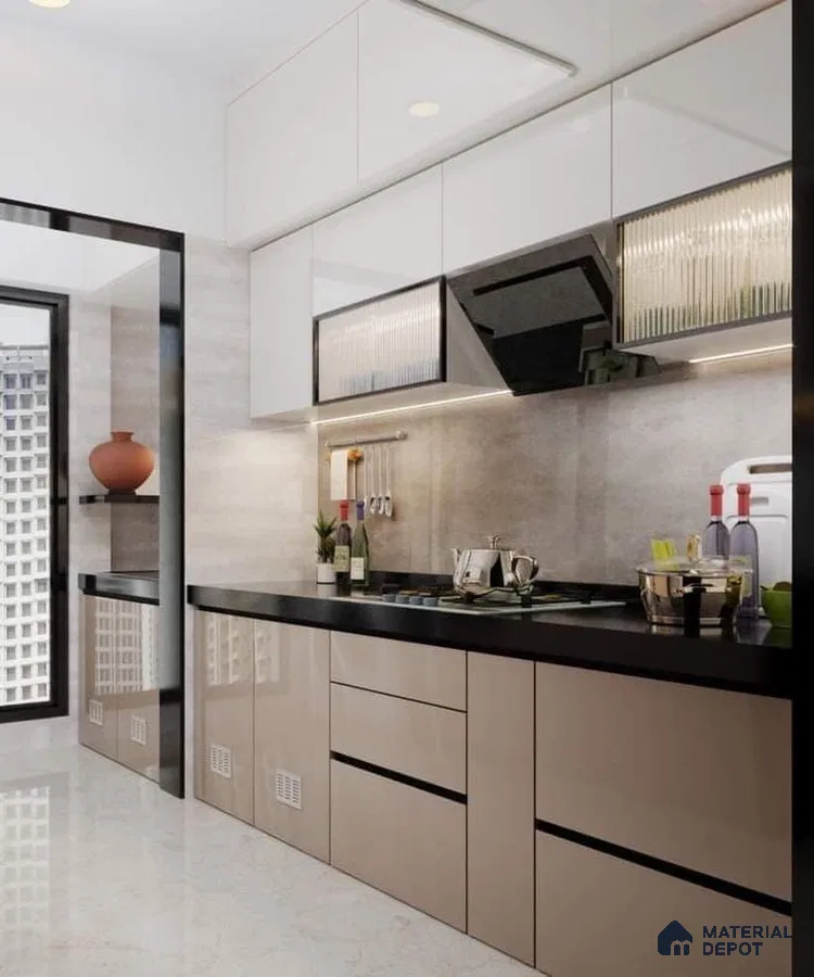 Modern kitchen with glossy beige and white laminate, black quartz countertop, and grey stone backsplash in Bengaluru | Material Depot