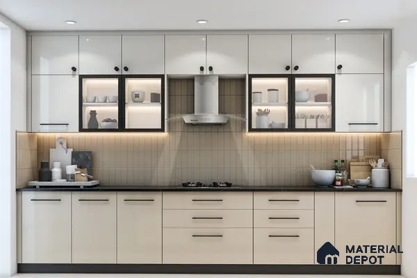 Modern kitchen with glossy beige and white laminate cabinets, black quartz countertop, and vertical beige subway backsplash tiles in Bengaluru | Material Depot