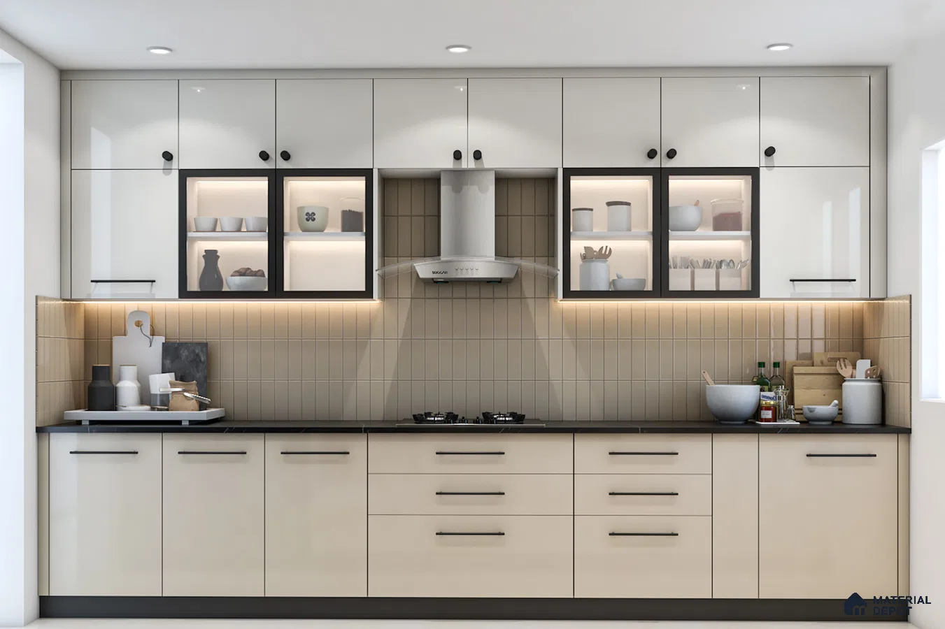 Modern kitchen with glossy beige and white laminate cabinets, black quartz countertop, and vertical beige subway backsplash tiles in Bengaluru | Material Depot