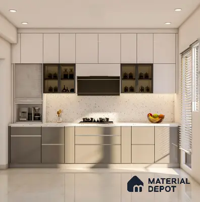 Modern kitchen with glossy beige and white laminate, terrazzo backsplash, and white quartz countertop in Bengaluru | Material Depot