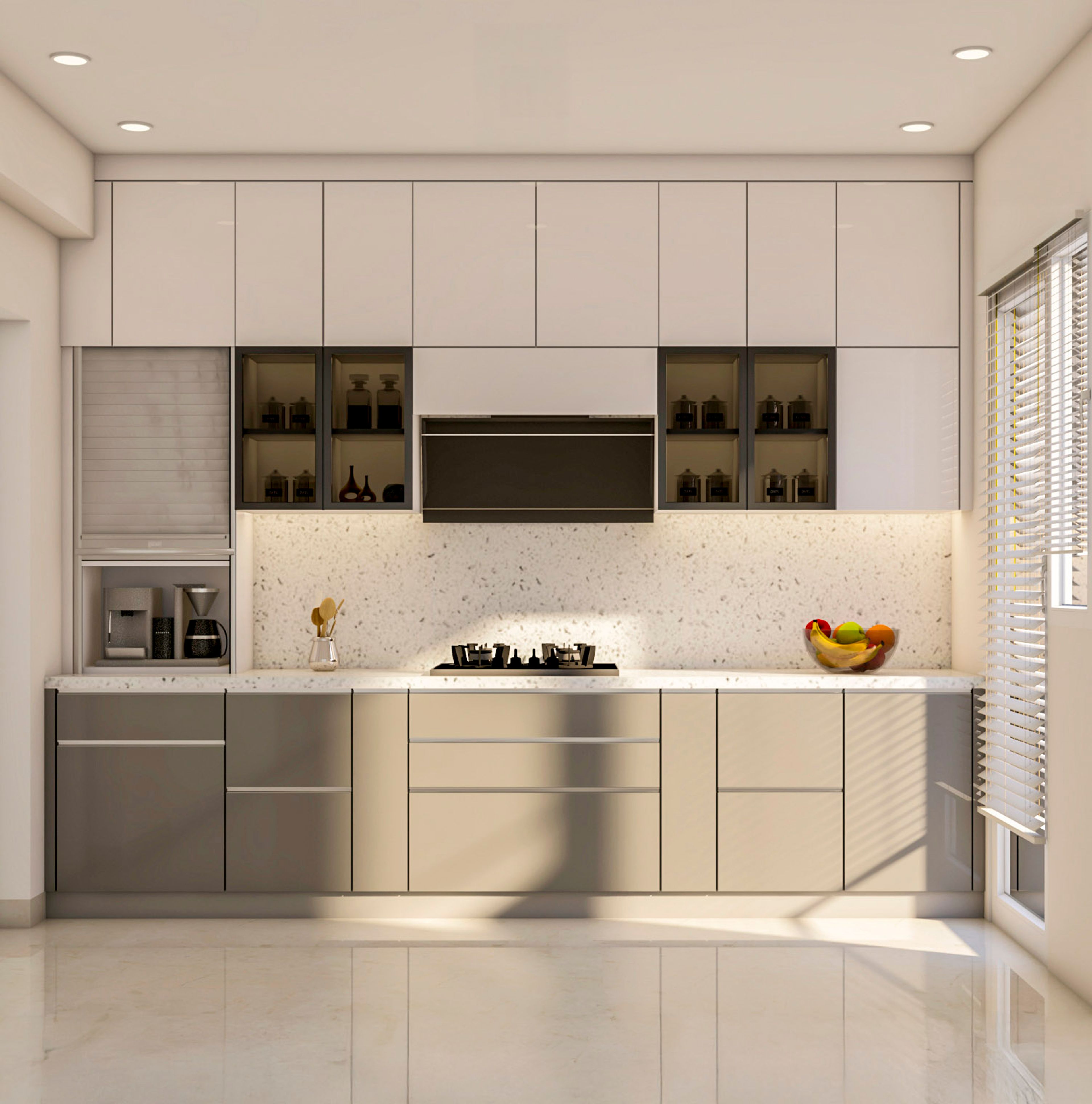 Modern kitchen with glossy beige and white laminate, terrazzo backsplash, and white quartz countertop in Bengaluru | Material Depot