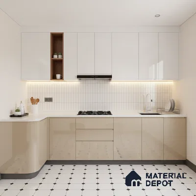 Modern kitchen with glossy beige and white laminate, white quartz countertop, and geometric floor tiles in Bengaluru