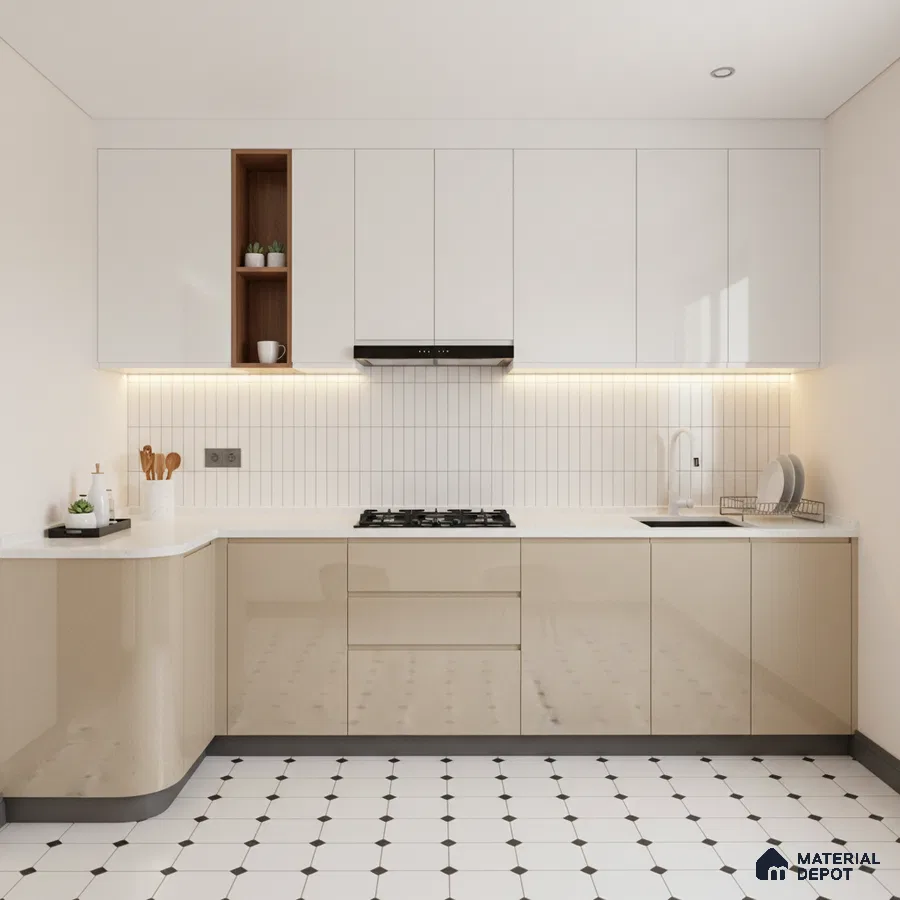 Modern kitchen with glossy beige and white laminate, white quartz countertop, and geometric floor tiles in Bengaluru