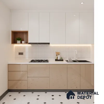 Modern kitchen with glossy beige and white laminate, white quartz countertop, and geometric floor tiles in Bengaluru