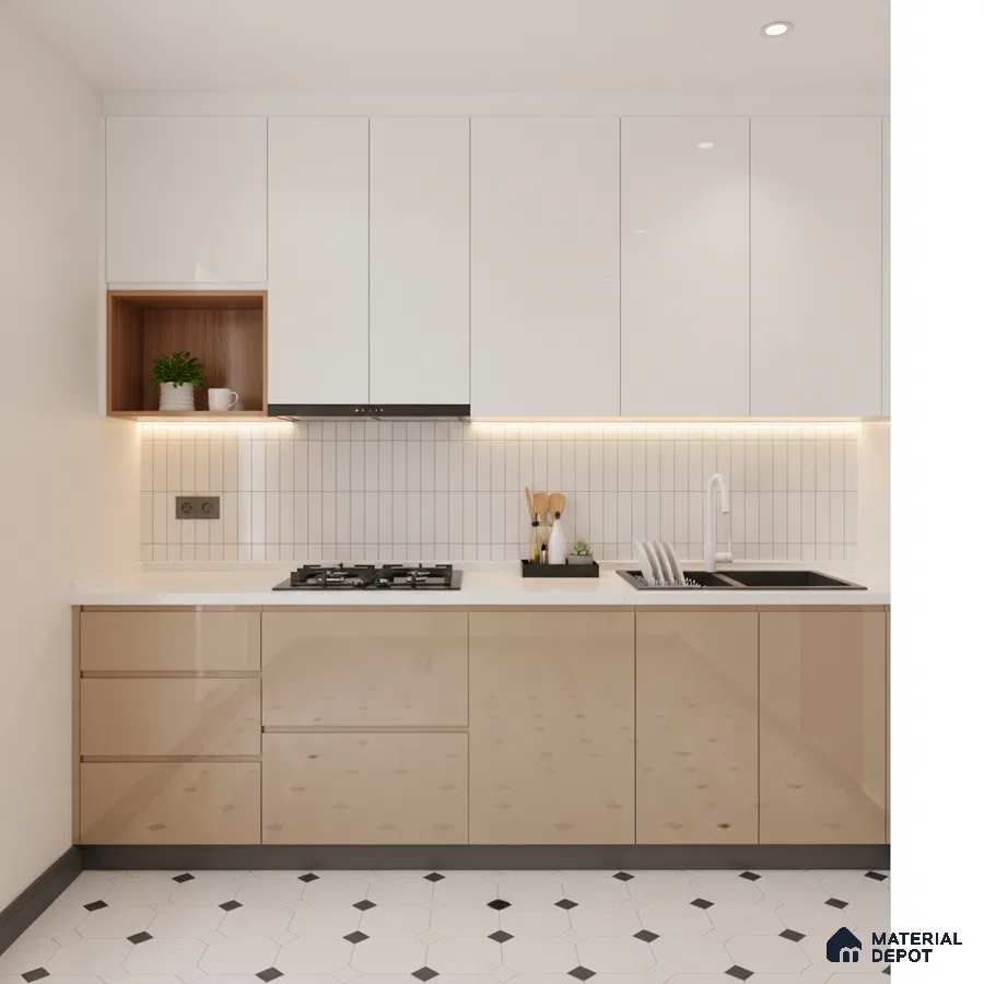 Modern kitchen with glossy beige and white laminate, white quartz countertop, and geometric floor tiles in Bengaluru