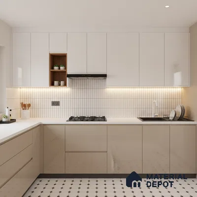 Modern kitchen with glossy beige and white laminate, white quartz countertop, and vertical subway backsplash tiles in Bengaluru