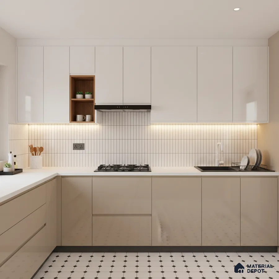 Modern kitchen with glossy beige and white laminate, white quartz countertop, and vertical subway backsplash tiles in Bengaluru
