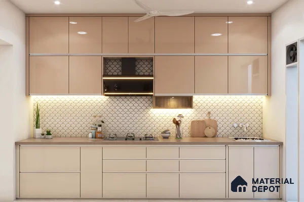 Modern kitchen with glossy beige laminate cabinets and fish scale white backsplash tiles in Bengaluru | Material Depot