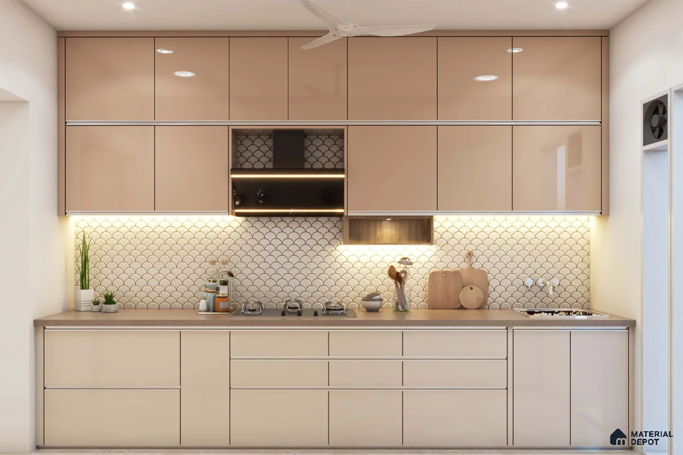 Modern kitchen with glossy beige laminate cabinets and fish scale white backsplash tiles in Bengaluru | Material Depot