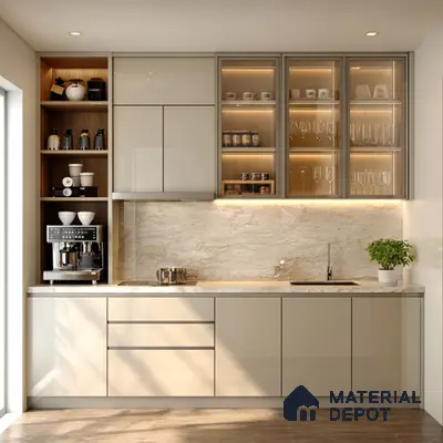 Modern kitchen with glossy beige laminate cabinets and marble-look backsplash in Bengaluru | Material Depot