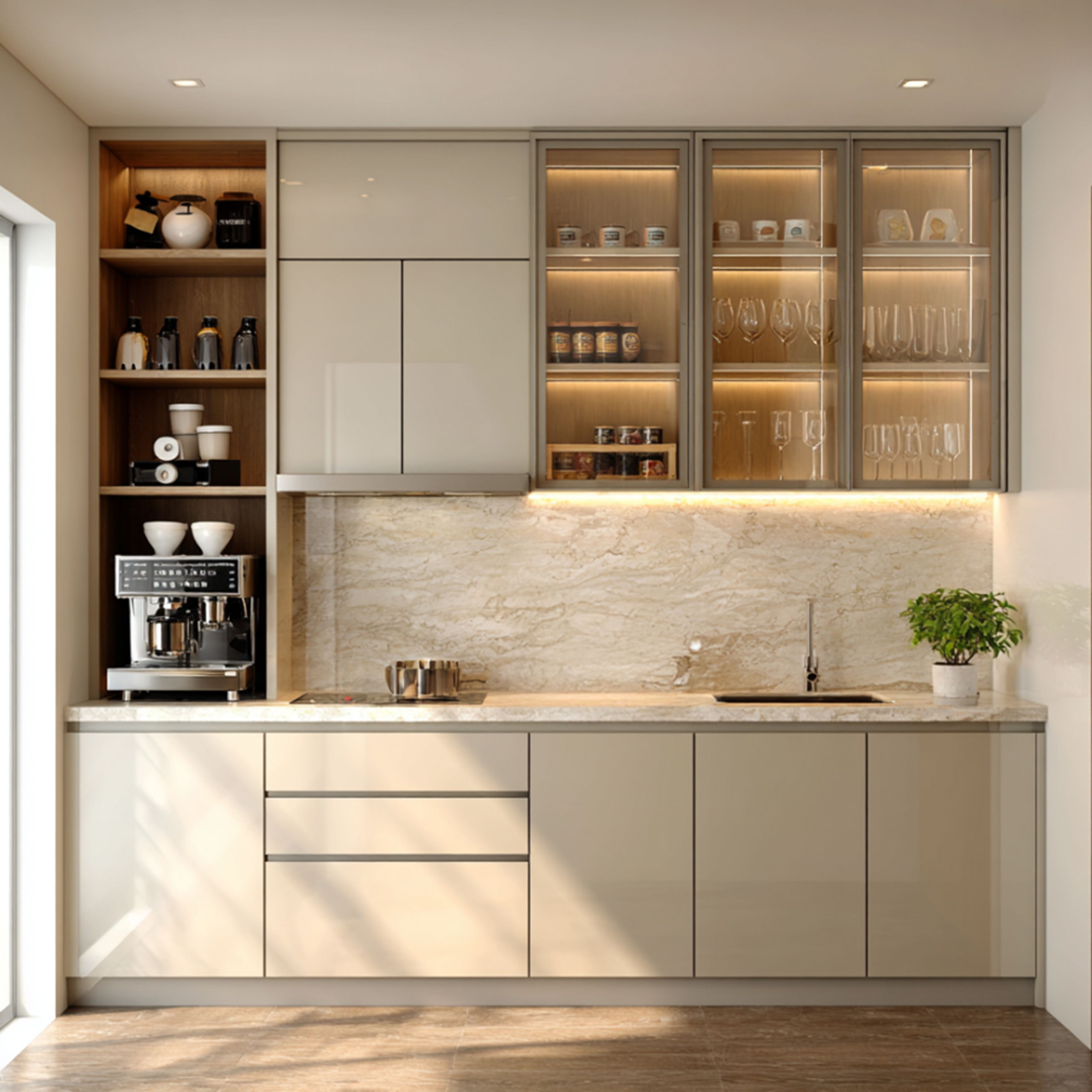 Modern kitchen with glossy beige laminate cabinets and marble-look backsplash in Bengaluru | Material Depot