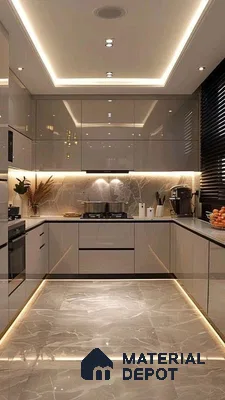 Modern kitchen with glossy beige laminate cabinets, marble backsplash, and grey marble floor tiles in Bengaluru | Material Depot