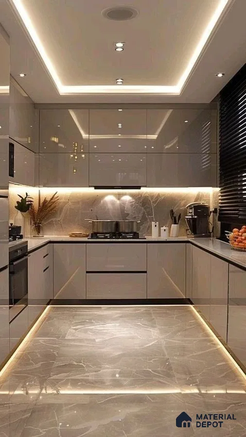 Modern kitchen with glossy beige laminate cabinets, marble backsplash, and grey marble floor tiles in Bengaluru | Material Depot