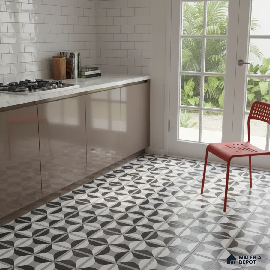 Modern kitchen with glossy beige laminate cabinets, white marble countertop, and black-and-white geometric patterned floor tiles in Bengaluru