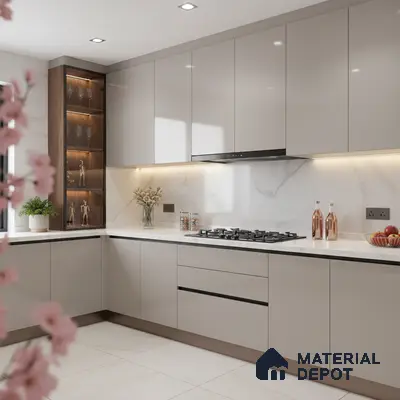 Modern kitchen with glossy beige laminate cabinets, white marble-look backsplash, and white quartz countertop in Bengaluru