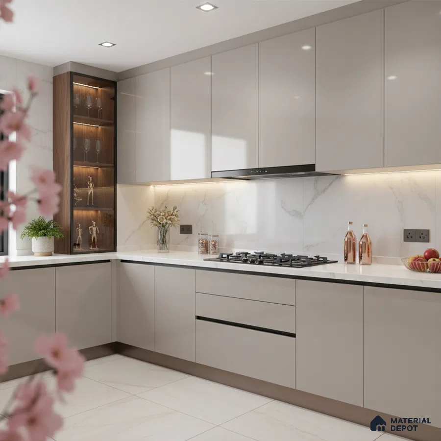 Modern kitchen with glossy beige laminate cabinets, white marble-look backsplash, and white quartz countertop in Bengaluru
