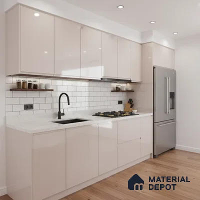 Modern kitchen with glossy beige laminate cabinets, white marble-look quartz countertop, and subway tile backsplash in Bengaluru