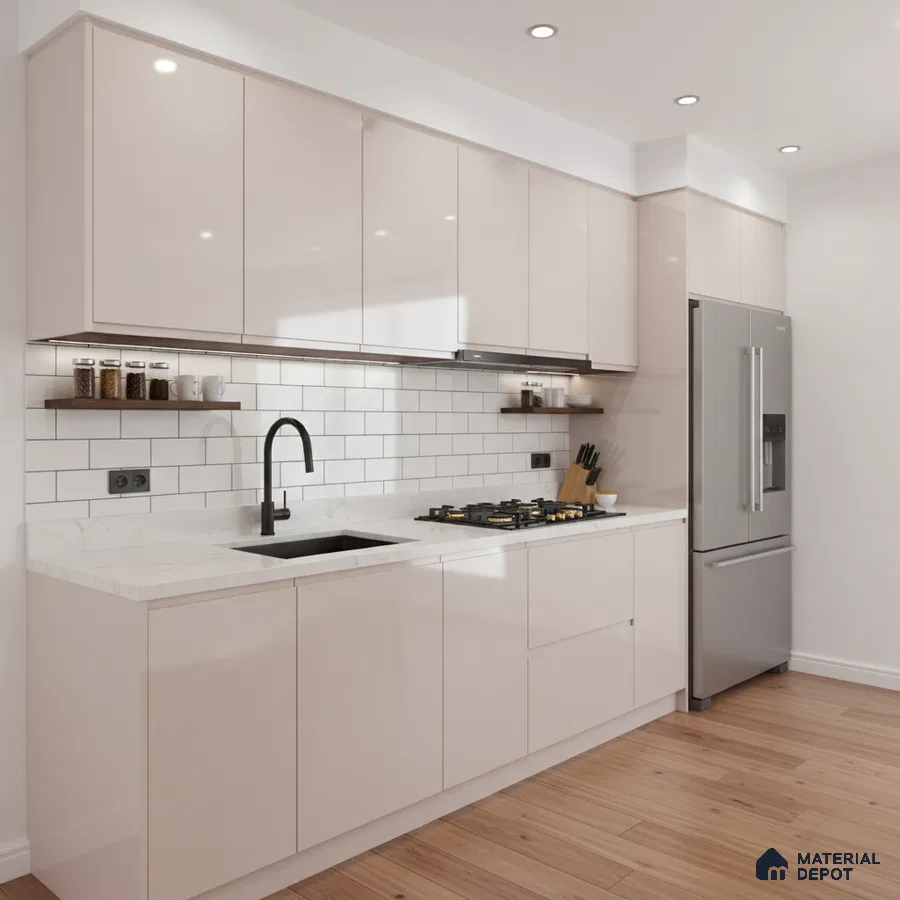 Modern kitchen with glossy beige laminate cabinets, white marble-look quartz countertop, and subway tile backsplash in Bengaluru