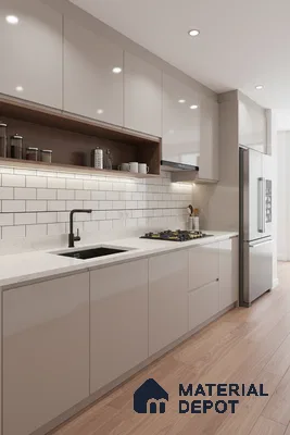 Modern kitchen with glossy beige laminate cabinets, white marble-look quartz countertop, subway backsplash tile, and light oak wooden flooring in Bengaluru