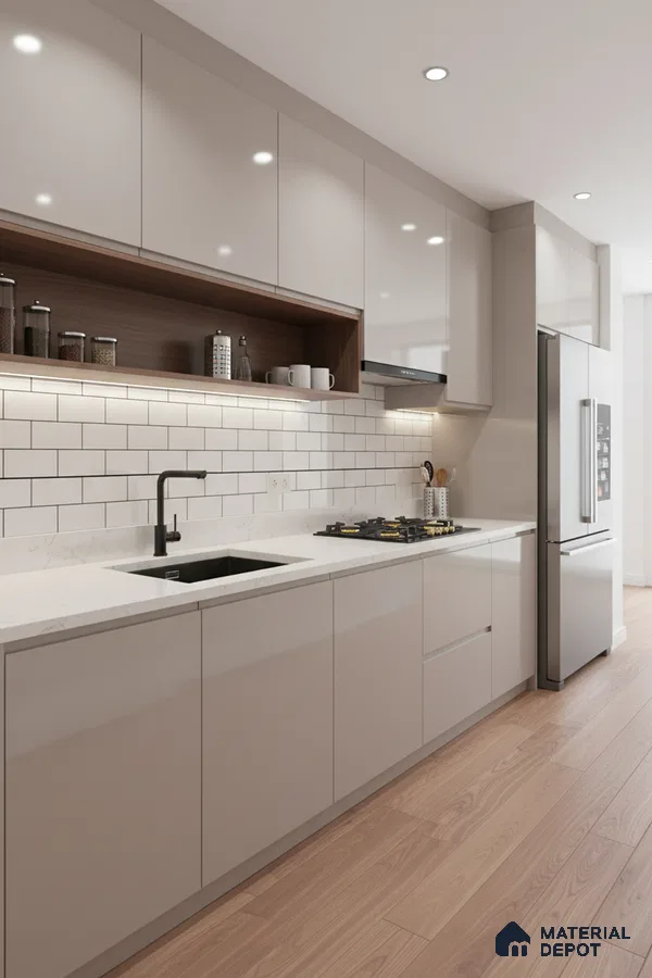 Modern kitchen with glossy beige laminate cabinets, white marble-look quartz countertop, subway backsplash tile, and light oak wooden flooring in Bengaluru