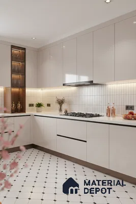 Modern kitchen with glossy beige laminate cabinets, white quartz countertop, and geometric white floor tiles in Bengaluru