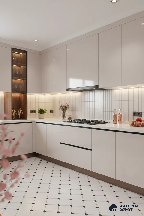 Modern kitchen with glossy beige laminate cabinets, white quartz countertop, and geometric white floor tiles in Bengaluru
