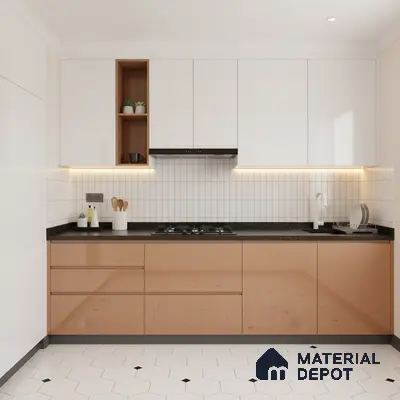 Modern kitchen with glossy beige laminate, frosty white laminate, black quartz countertop, and hexagonal floor tiles in Bengaluru