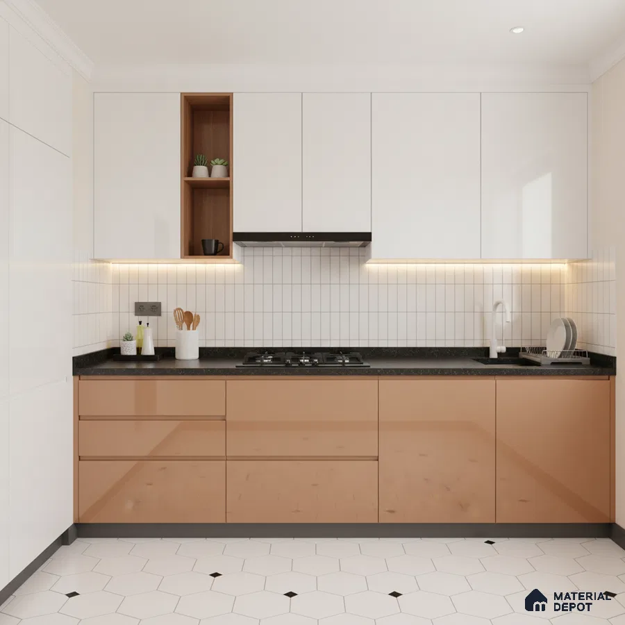 Modern kitchen with glossy beige laminate, frosty white laminate, black quartz countertop, and hexagonal floor tiles in Bengaluru