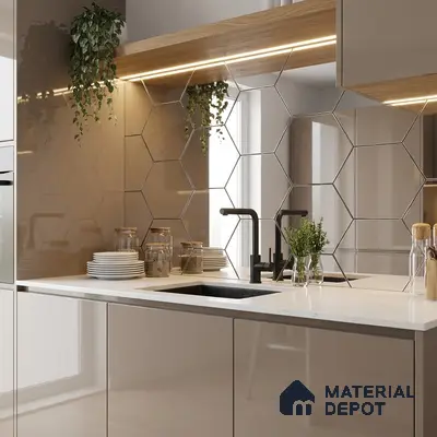 Modern kitchen with glossy beige laminate, white quartz countertop, and hexagonal mirror backsplash tiles