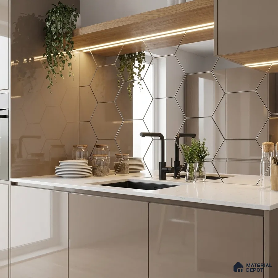 Modern kitchen with glossy beige laminate, white quartz countertop, and hexagonal mirror backsplash tiles