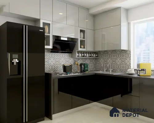 Modern kitchen with glossy black and frosty white laminate, patterned grey backsplash tile, and quartz countertop in Bengaluru | Material Depot