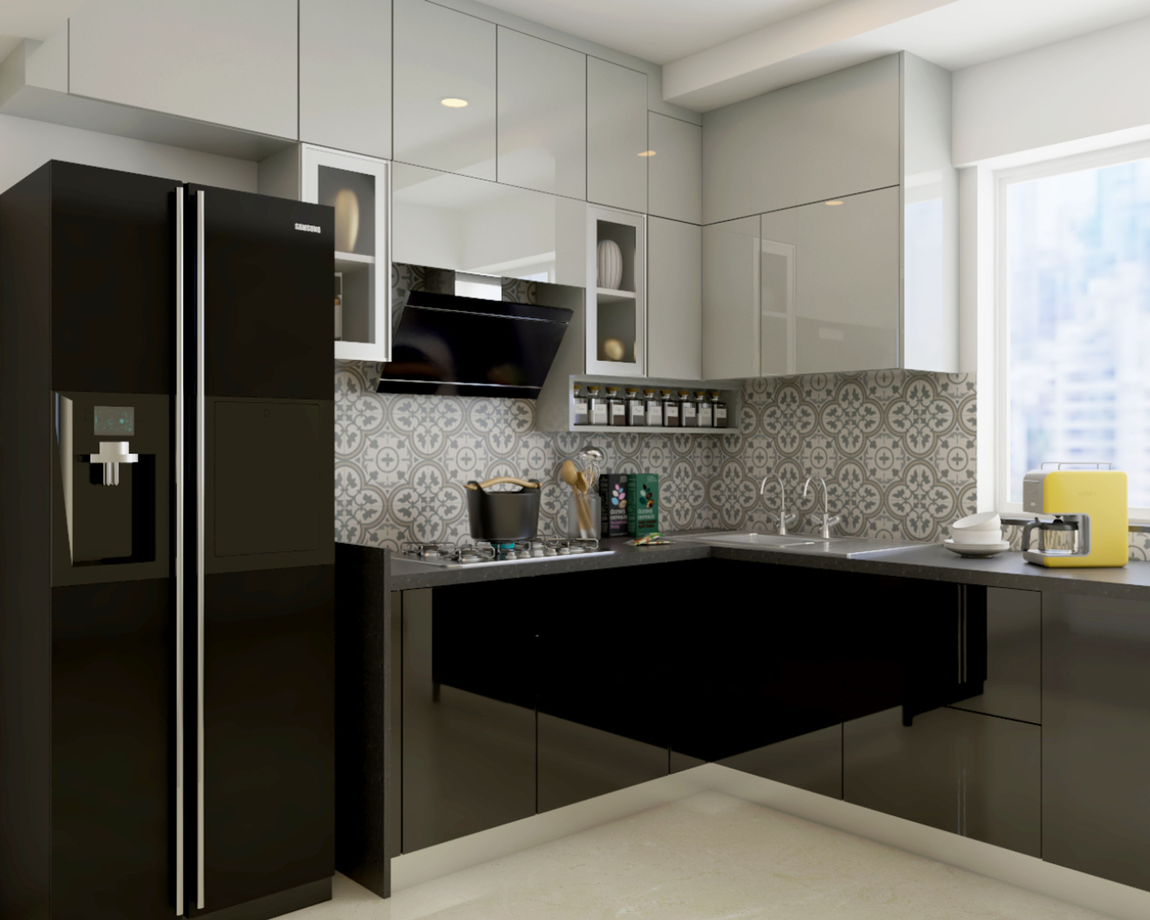 Modern kitchen with glossy black and frosty white laminate, patterned grey backsplash tile, and quartz countertop in Bengaluru | Material Depot