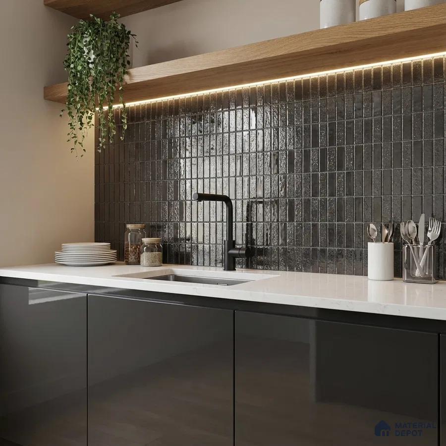 Modern kitchen with glossy black laminate cabinets, white quartz countertop, and black kitkat wall tiles
