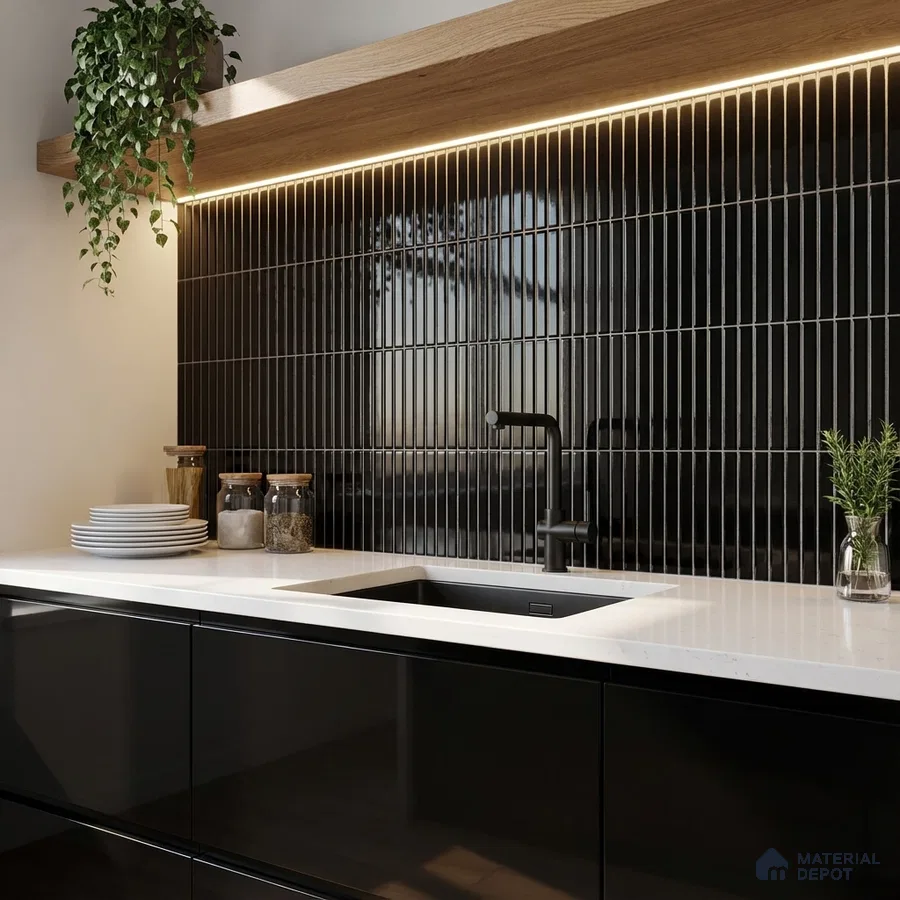Modern kitchen with glossy black vertical subway backsplash tile, white quartz countertop, and black high gloss laminate cabinets