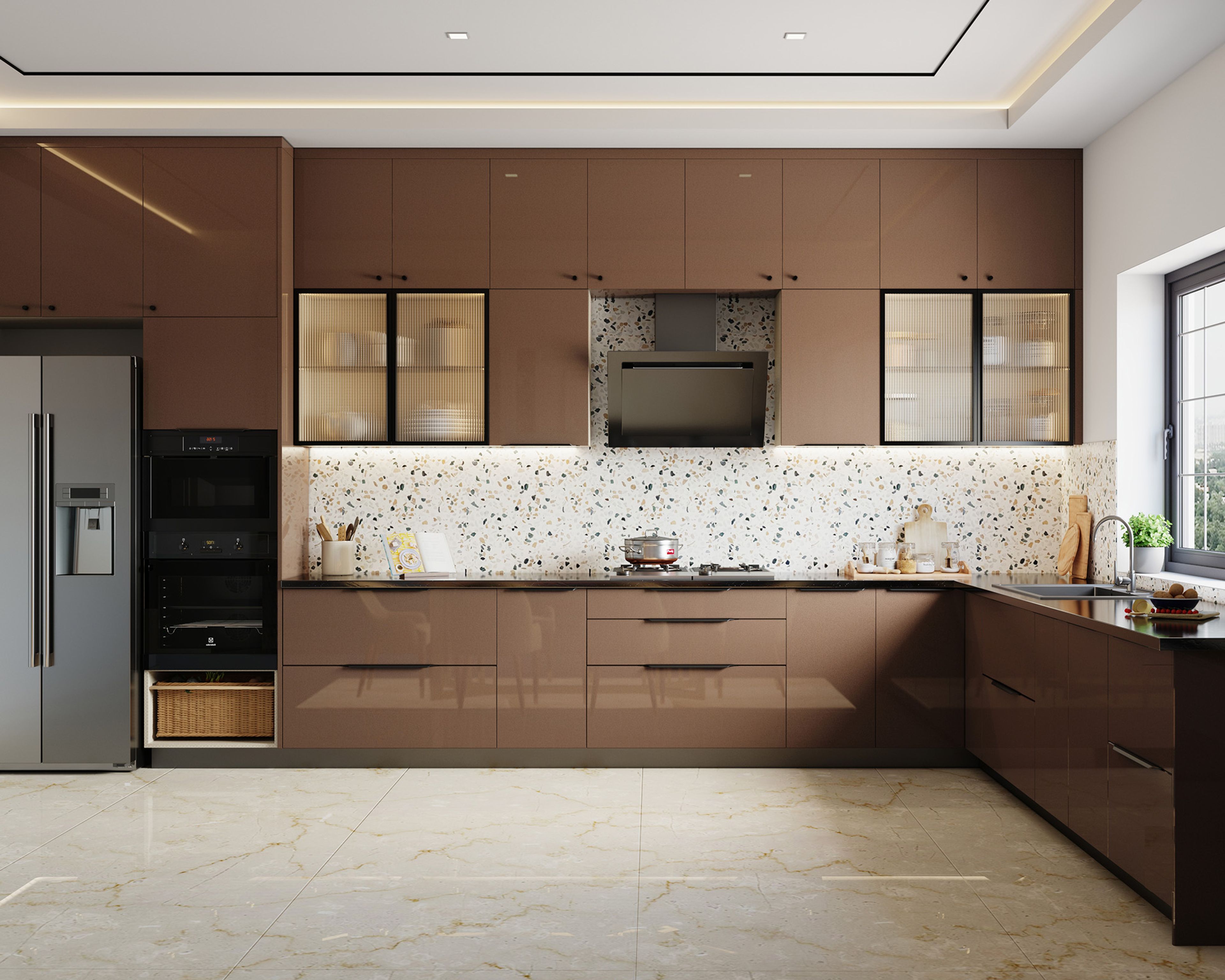 Modern kitchen with glossy brown laminate cabinets, terrazzo backsplash tiles, and marble-look floor tiles in Bengaluru | Material Depot