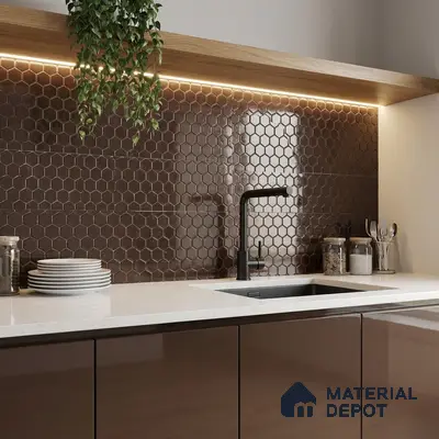 Modern kitchen with glossy brown laminate cabinets, white quartz countertop, and brown hexagonal backsplash tiles