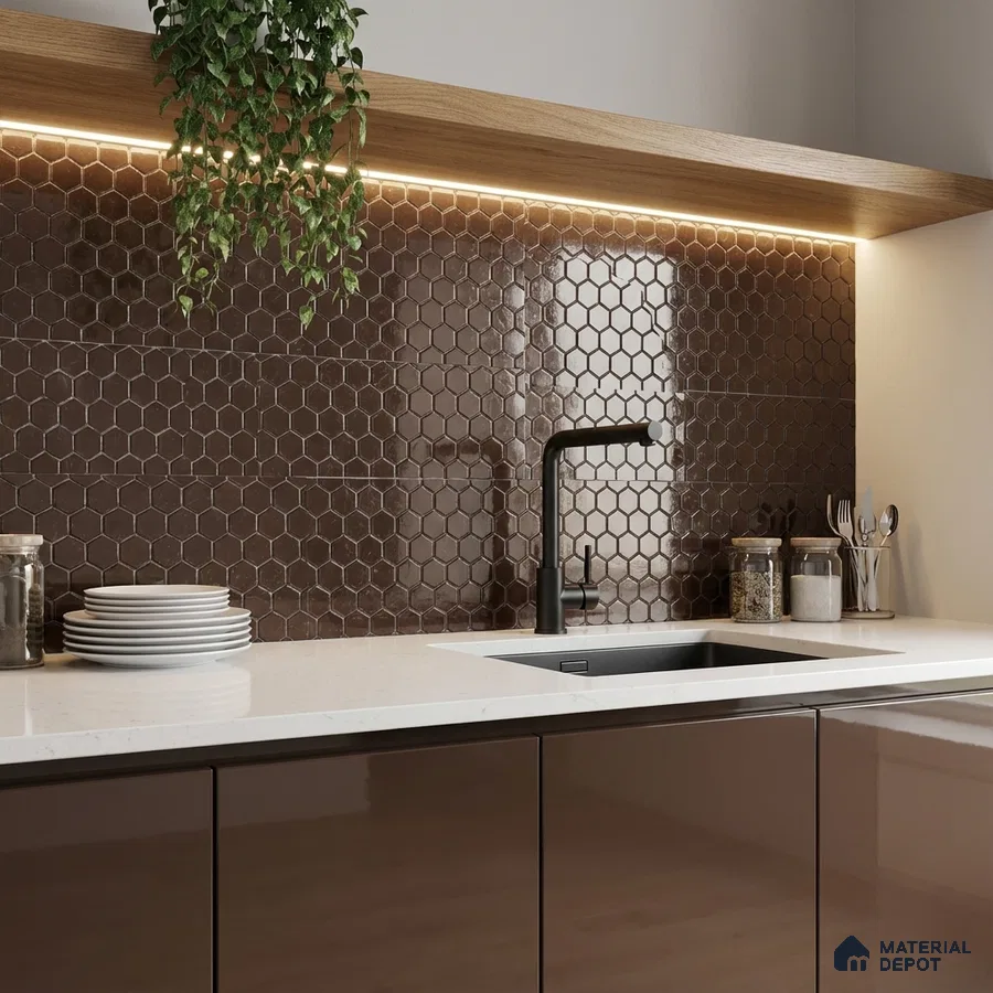 Modern kitchen with glossy brown laminate cabinets, white quartz countertop, and brown hexagonal backsplash tiles