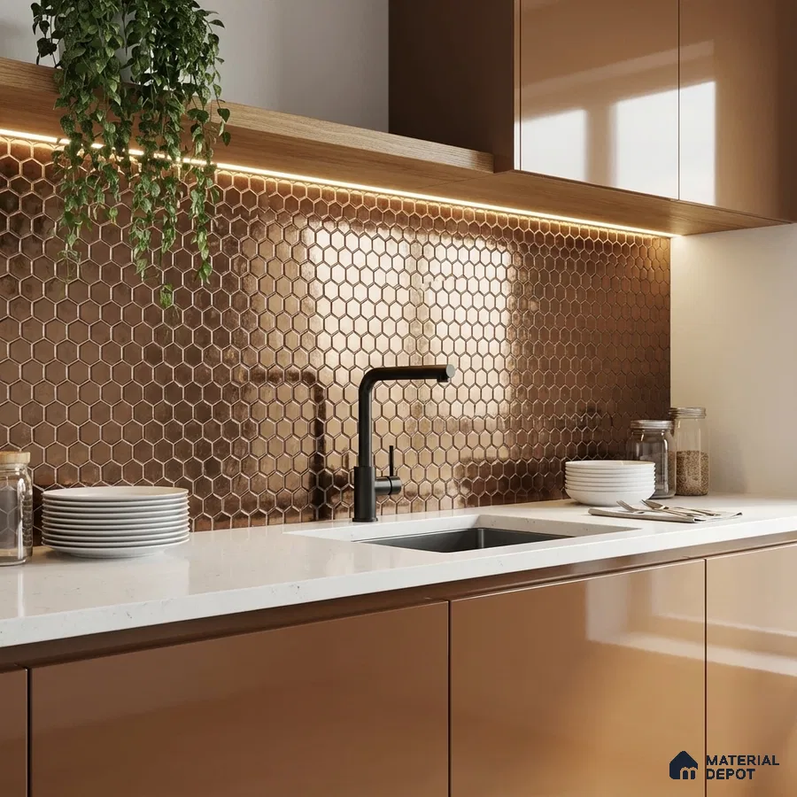 Modern kitchen with glossy brown laminate cabinets, white quartz countertop, and metallic copper hexagonal backsplash tiles