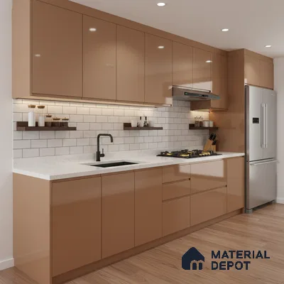 Modern kitchen with glossy cappuccino laminate, white quartz countertop, and subway tile backsplash in Bengaluru