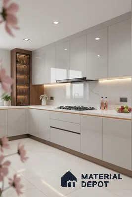Modern kitchen with glossy frosty white laminate, white marble backsplash, and wooden accent open shelves in Bengaluru