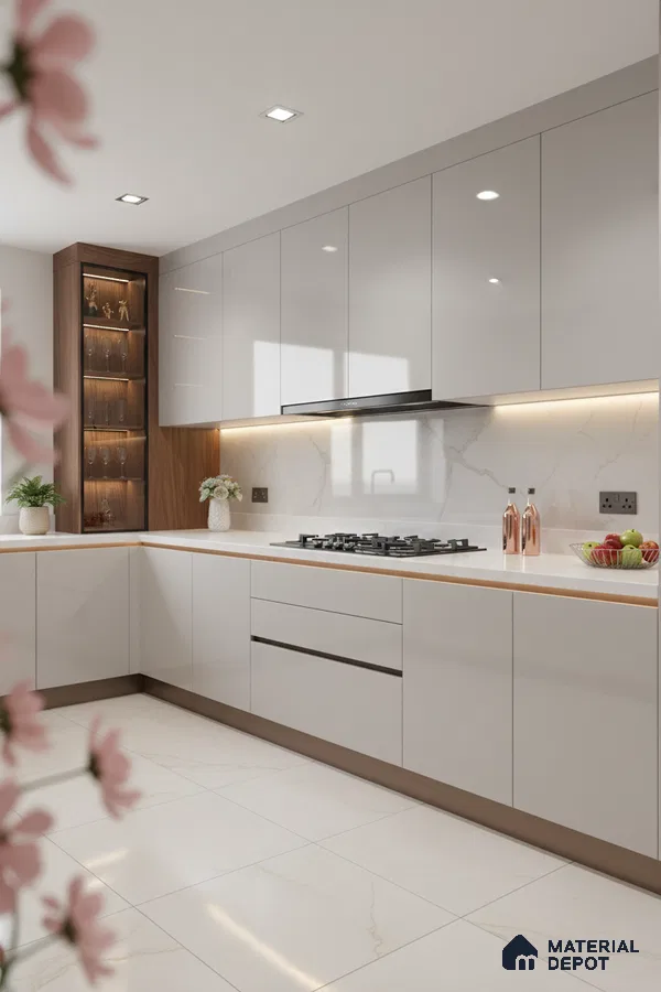 Modern kitchen with glossy frosty white laminate, white marble backsplash, and wooden accent open shelves in Bengaluru