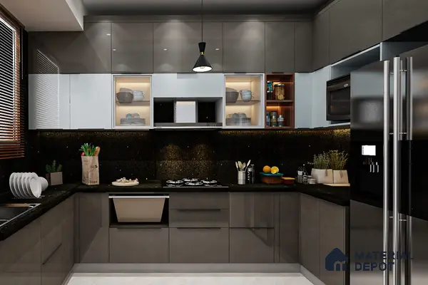 Modern kitchen with glossy grey and white laminate cabinets and black granite countertop in Bengaluru | Material Depot