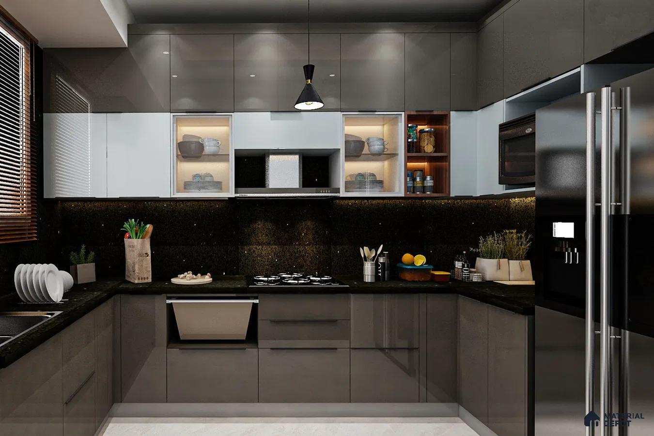 Modern kitchen with glossy grey and white laminate cabinets and black granite countertop in Bengaluru | Material Depot