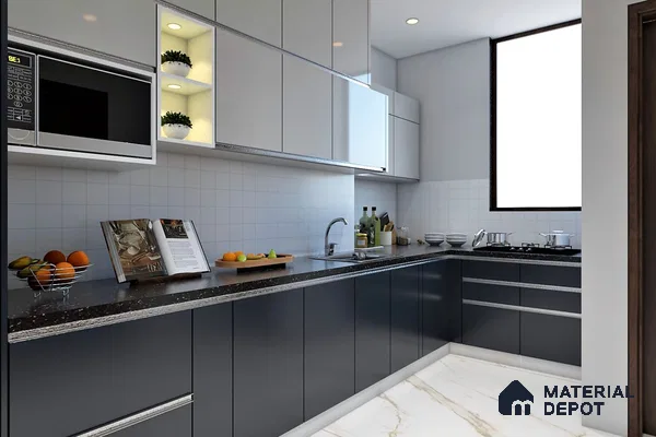Modern kitchen with glossy grey and white laminate cabinets, black quartz countertop, and marble-look floor tile in Bengaluru | Material Depot
